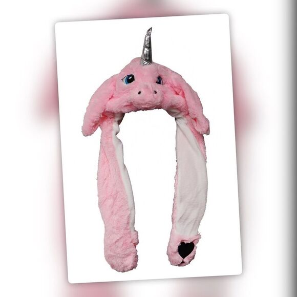 WHITE Plush Funny Unicorn Hat Scarf Squeeze Paw Lift Ear - Picture 11 of 13